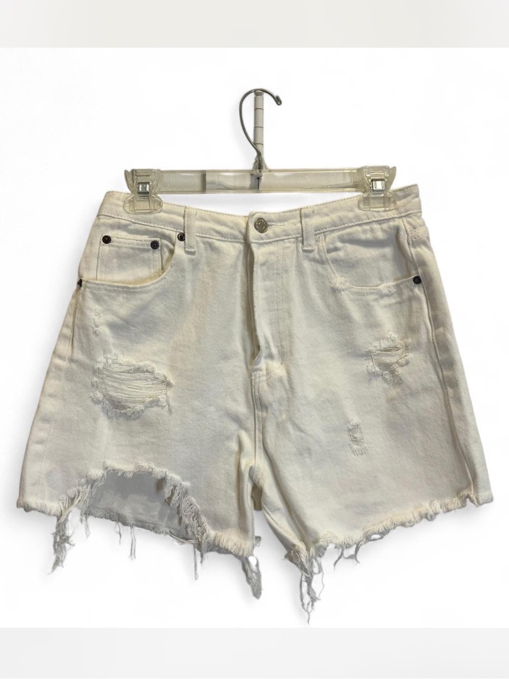 Signature8 White Distressed Denim Shorts with Frayed Hem